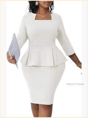 Plus Size Midi Peplum Dress 3/4 Sleeve Sheath Pencil Dress for Work & Church
